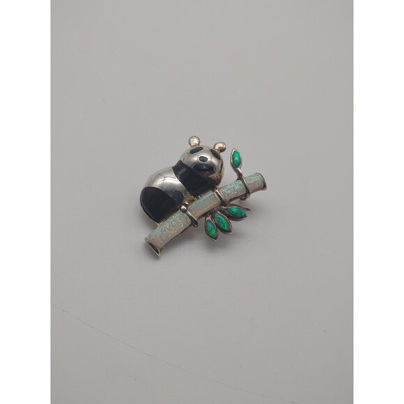 Vintage Rare Panda Bear on Bamboo, Silver, Black Enamel, Crushed Opal Brooch Pin - Picture 4 of 12